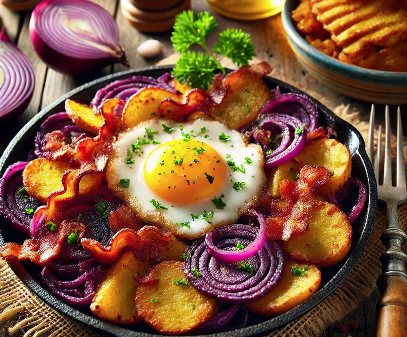 Violette Bratkartoffelpfanne mit Speck, Zwiebeln und Spiegelei